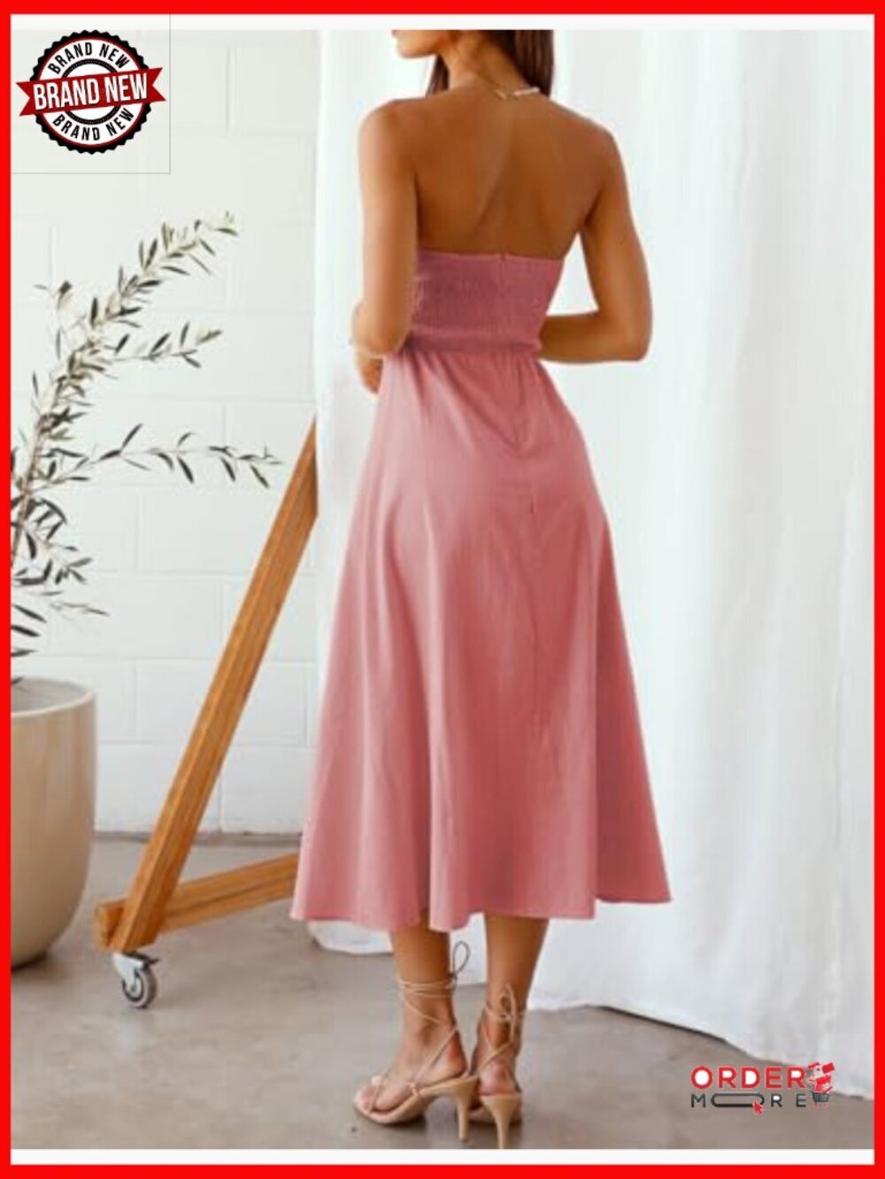 Strapless Sweetheart Neckline Midi Dress with Smocked Back, Twist Front Cut - Picture 2 of 5
